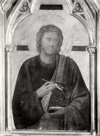 Gabinetto Fotografico della Soprintendenza Speciale per il Patrimonio Storico, Artistico ed Etnoantropologico e per il Polo Museale della città di Firenze — Giotto di Bondone - sec. XIV - Polittico di Badia: San Giovanni Evangelista — particolare, prima del restauro del 1958